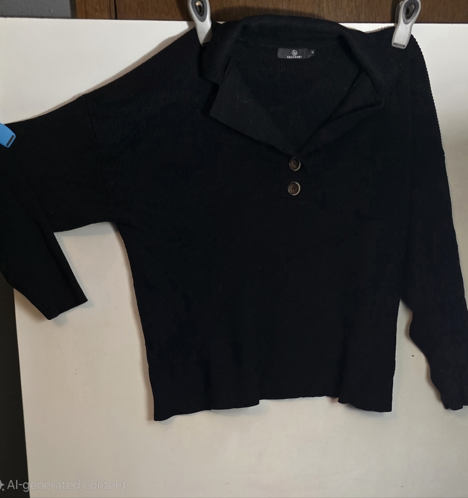 ILLUSORY Ribbed Knit Henley Sweater | Black | Size Large | Cozy Basic